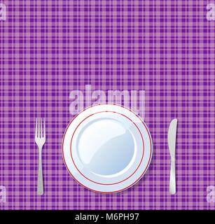 Table setting for dinner. Vector illustration with empty plate, knife, fork, on vioet checkered tablecloth background with space for text. Top view ve Stock Vector