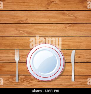 Table setting for dinner. Vector illustration of empty plate, knife, fork, on wooden table background with space for text. Top view vector ilustration Stock Vector