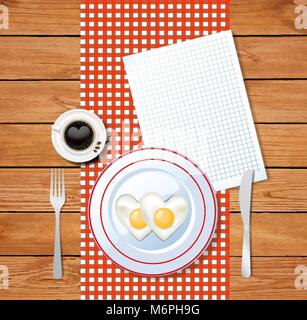 Top view vector illustration of heart shaped fried eggs on white plate and cup of coffee with heart on red and white chequered tablecloth and clear sh Stock Vector
