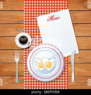 Vector illustration of heart shaped omelet on white plate and cup of coffee with heart on red and white chequered tablecloth background and clear shee Stock Vector