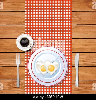 Top view vector illustration of heart-shaped fried eggs on white plate and coffee cup with heart on wooden table with checkered tablecoth background.  Stock Vector