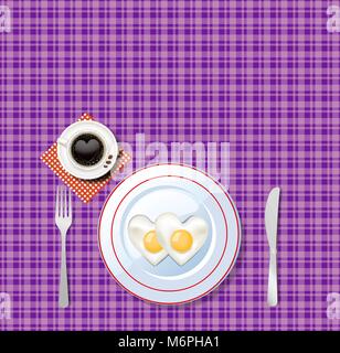 Vector illustration of heart shaped scrambled eggs on white plate and cup of coffee with heart on violet chequered tablecloth background. Top view of  Stock Vector