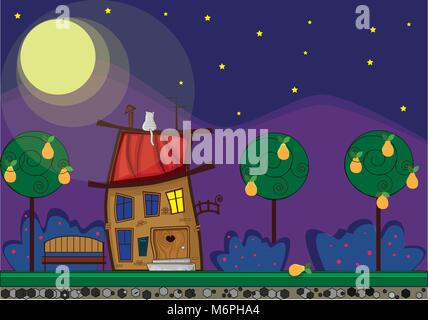 Horizontal illustration of cute cartoon fabulous house with light in window at night time, cat on the roof, bench, bushes and trees in summertime on f Stock Vector