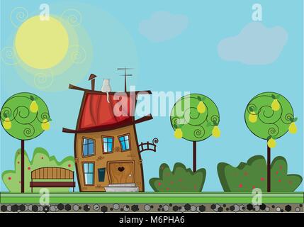 Horizontal  illustration of cute cartoon fabulous house, sun, cat on the roof, bench, bushes and trees in summertime. Cartoon outdoors landscape. Stock Vector