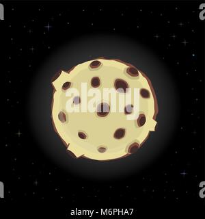Cartoon full moon with craters glowing in the night sky among the stars. Cartoon design style. Vector illustration. Stock Vector
