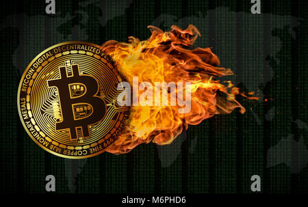 A bitcoin flying and engulfed in trailing flames with sparks flying on a background of digital binary code data and world map. Cryptocurrency Concept. Stock Photo