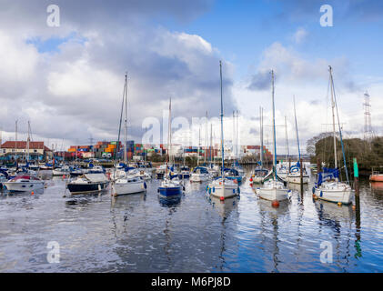 View over Eling Harbour quay with sailing boats moored in Eling in 2018, near Southampton, Hampshire, England, UK Stock Photo