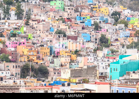 Brightly colored houses cramped on hillside of Guanajuato, Mexico Stock Photo