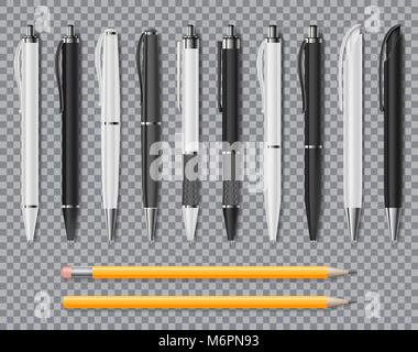 Set of Realistic office Elegant pens and pencil isolated on transparent background. Office Blank white and black Ball Pens. Vector illustration Stock Vector