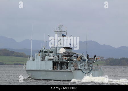 EML Sakala (M314), a Sandown-class minehunter operated by the Estonian Navy, passing Greenock at the start of Exercise Joint Warrior 17-2. Stock Photo