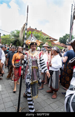 Balinese man in Ubud, Bali dressed in traditional clothes walks in procession for the cremation of Anak Agung Niang Agung from the royal household Stock Photo