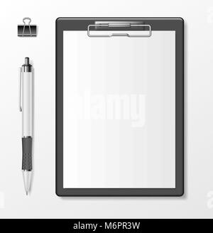 Black clipboard with blank white paper sheet and pen isolated on white. Business stationery template. Realistic clipboard document notepad mockup. Vector illustration Stock Vector