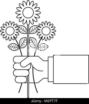 hand holding bunch flower natural decoration vector illustration thin line design Stock Vector