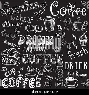 Vector illustration hand drawn coffee to go, cups, mugs, beans and lettering types . white on black background Stock Vector