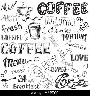 Vector illustration hand drawn coffee to go, cups, mugs, beans and lettering types . Black and white Stock Vector