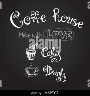 coffee house,hand drawn lettering on black background, vector illustration. Stock Vector