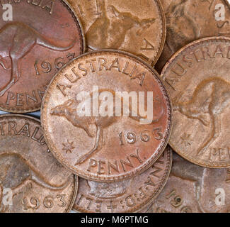 Australian 1963 one penny coins. Pennies are a favourite with coil collectors. The 1963 was the second last year that pennies were produced as Austral Stock Photo