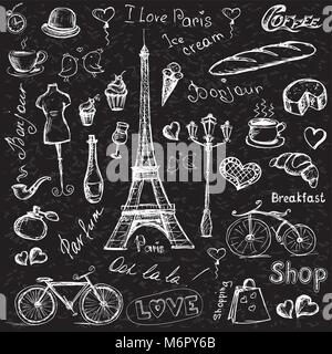 Paris symbols, hand drawn objects or icons on black  background, stock vector illustration Stock Vector