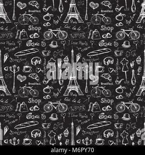 Seamless pattern Paris symbols, hand drawn objects or icons on black background, stock vector illustration Stock Vector