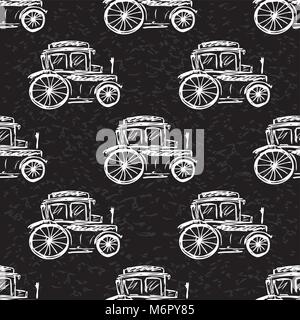 Seamless pattern vintage car, hand drawn on black background, stock vector illustration Stock Vector