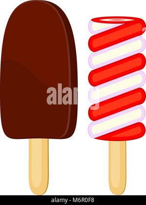 Colorful fruit chocolate vanilla popsicle set. Summer comfort fast food vector illustration for gift card, flyer, certificate banner, logo, patch, sti Stock Vector