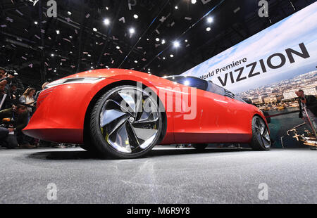 Geneva, Switzerland. 06th Mar, 2018. A Volkswagen I.D. VIZZION being presented during the first press day of the Geneva Motor Show in Geneva, Switzerland, 06 March 2018. The electric concept car is the fourth model of the I.D. family. The 88th Geneva Motor Show starts on 08 March and ends on 18 March. About 180 exhibitors will be displaying 900 models and the organisers expect 700,000 visitors. Credit: dpa picture alliance/Alamy Live News Stock Photo