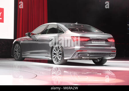 Geneva, Switzerland. 06th Mar, 2018. The new Audi A6 being presented during the first press day of the Geneva Motor Show in Geneva, Switzerland, 06 March 2018. The 88th Geneva Motor Show starts on 08 March and ends on 18 March. About 180 exhibitors will be displaying 900 models and the organisers expect 700,000 visitors. Credit: dpa picture alliance/Alamy Live News Stock Photo