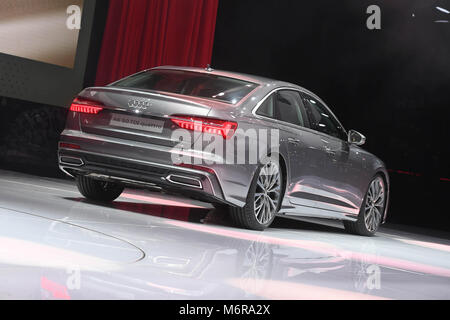 Geneva, Switzerland. 06th Mar, 2018. The new Audi A6 being presented during the first press day of the Geneva Motor Show in Geneva, Switzerland, 06 March 2018. The 88th Geneva Motor Show starts on 08 March and ends on 18 March. About 180 exhibitors will be displaying 900 models and the organisers expect 700,000 visitors. Credit: dpa picture alliance/Alamy Live News Stock Photo