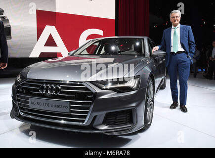 Geneva, Switzerland. 06th Mar, 2018. Rupert Stadler, chairman of the board of Audi, presenting the new Audi A6 during the first press day of the Geneva Motor Show in Geneva, Switzerland, 06 March 2018. The 88th Geneva Motor Show starts on 08 March and ends on 18 March. About 180 exhibitors will be displaying 900 models and the organisers expect 700,000 visitors. Credit: dpa picture alliance/Alamy Live News Stock Photo
