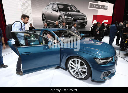 Geneva, Switzerland. 06th Mar, 2018. The new Audi A6 being presented during the first press day of the Geneva Motor Show in Geneva, Switzerland, 06 March 2018. The 88th Geneva Motor Show starts on 08 March and ends on 18 March. About 180 exhibitors will be displaying 900 models and the organisers expect 700,000 visitors. Credit: dpa picture alliance/Alamy Live News Stock Photo