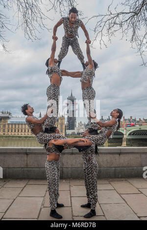 London, UK . 6th March, 2018. International perfomers provided by Members of the Association of Circus Proprietors of Great Britain perform on Westminster Embankment as 2018 marks the 250th Anniversary of the modern-day Circus. It was a British invention, created by Light Dragoons Sgt Major Phillip Astley, and the first ever circus building was set up across Westminster Bridge, from the Houses of Parliament, on the site now occupied by St Thomas Hospital. Credit: Guy Bell/Alamy Live News Stock Photo