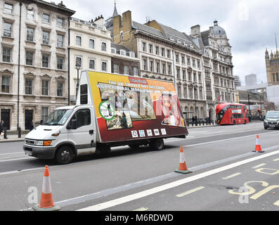 Westminster, London, UK. 6th March 2018. Protesters drive around Westminster in a lorry with a banner against the visit on Wednesday by Mohammed bin Salman, Crown Prince of the Kingdom of Saudi Arabia Credit: Matthew Chattle/Alamy Live News Stock Photo