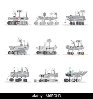 Mars rover with camera, wheels, antenna and hand manipulator. Robotic space autonomous vehicles for planet exploration and cosmic colonization. Aerona Stock Photo