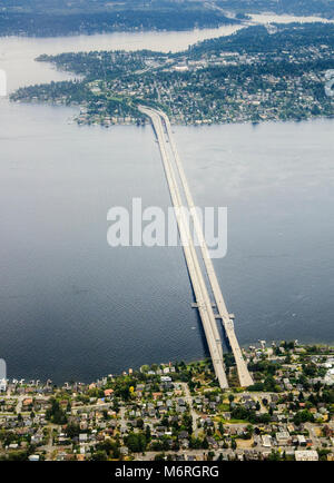 Seattle, Washington.  Aerial view of the I-90 expressway connecting Seattle with Mercer Island over Lake Washington. Stock Photo