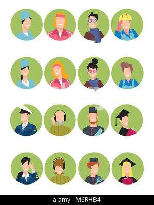 Large set of icons avatars of people of different professions. Avatars Pilot, builders, students and many others. Stock Photo