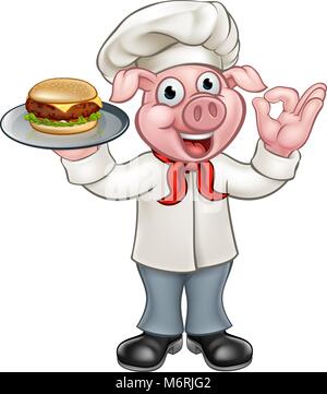 Cartoon Pig Chef Holding Burger Stock Vector
