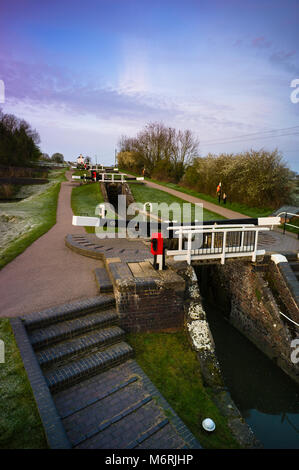 Foxton Locks are ten canal locks consisting of two 'staircases' each of five locks, located on the Leicester line of the Grand Union Canal about 5 km  Stock Photo