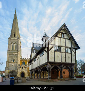 St. Dionysius Church and the Old Grammar School, Market Harborough. Both buildings are listed Grade 1. Stock Photo