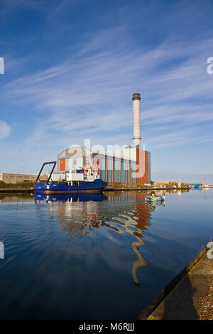 Shoreham power station and harbour. Shoreham Power Station is a 400MWe combined cycle gas-fired power station in Southwick, West Sussex. It was built  Stock Photo