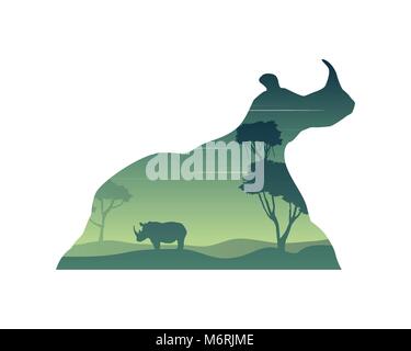 Silhouette of rhino in the hill landscape Stock Vector