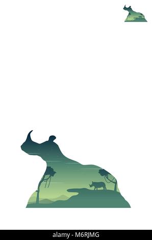 Silhouette of rhino in the hill landscape Stock Vector