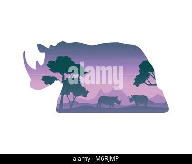 Silhouette of rhino in the hill landscape Stock Vector