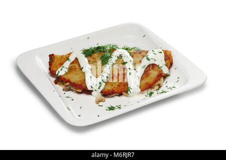 Layout for menu. Potato pancake stuffed with bacon and cheese Stock Photo