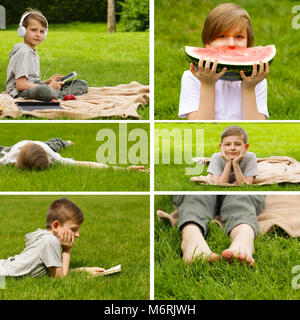 collage, set boy on summer picnic on green grass Stock Photo