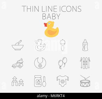 Baby thin line vector icon set for web and mobile applications. Set includes - rattle, baby food, duck, feeding bottle, car, bib, ballon, skiing, bloc Stock Vector