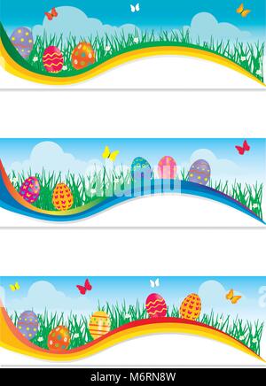 Easter banners with colorful Easter eggs in the young green grass. Stock Vector