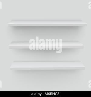 White shelves on white background. Realistic, voluminous racks w Stock Vector