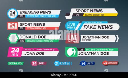 TV News Bars Set Vector. Sign Of Lower Third. live News, Ultra HD. Banners For Broadcasting Television Video. Isolated Illustration Stock Vector