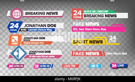 TV News Bars Set Vector. Sign Of Lower Third. Streaming Video News Sign. Isolated Illustration Stock Vector