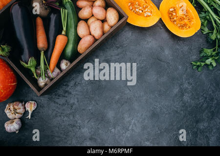 top view of various ripe autumn vegetables in box Stock Photo